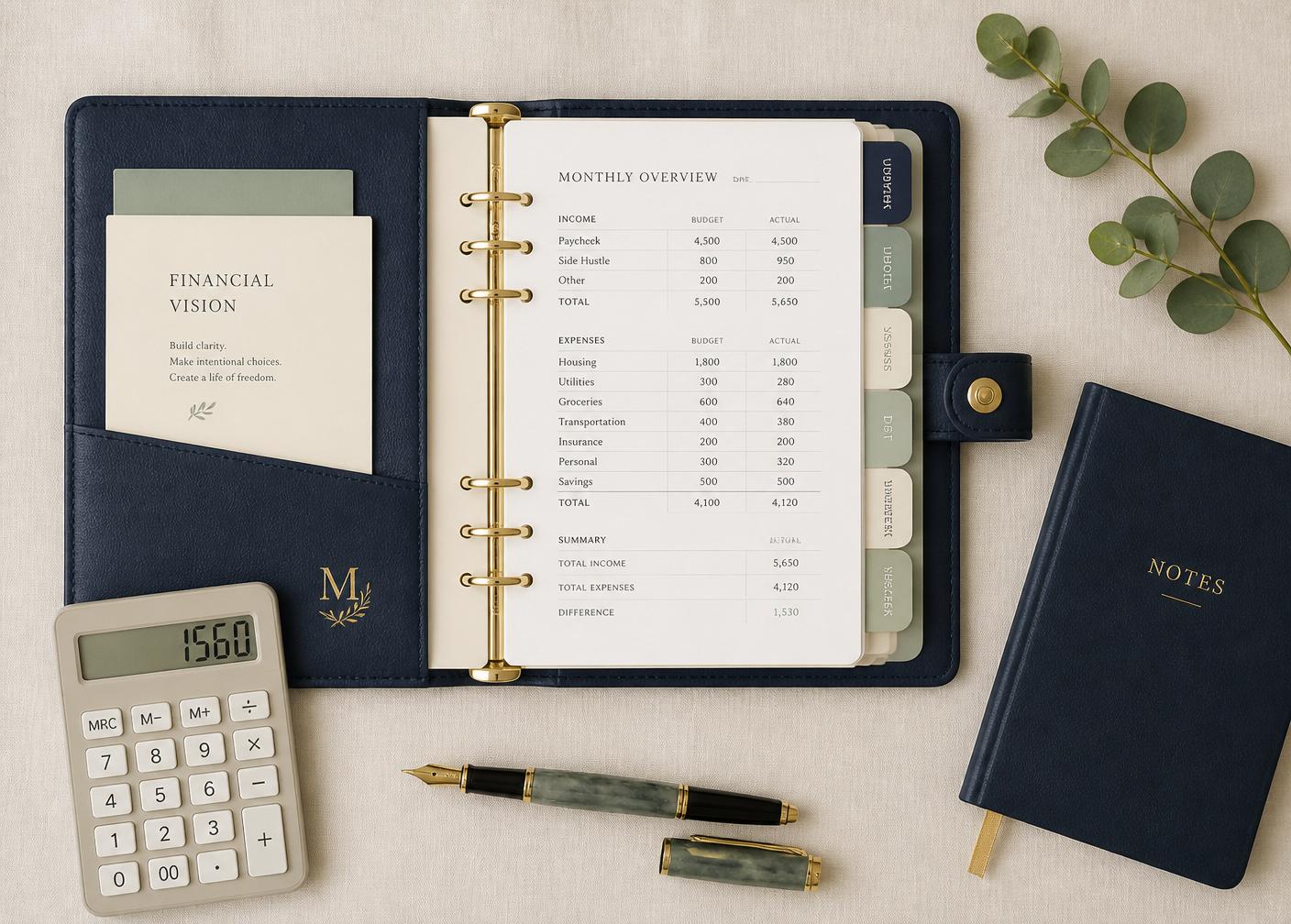 An organized household financial binder with monthly overview and tabbed sections