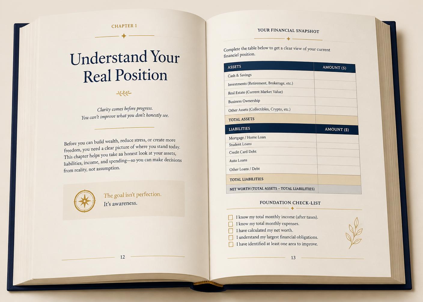 Interior pages of The Financial Safety Net showing a chapter opening and a worksheet