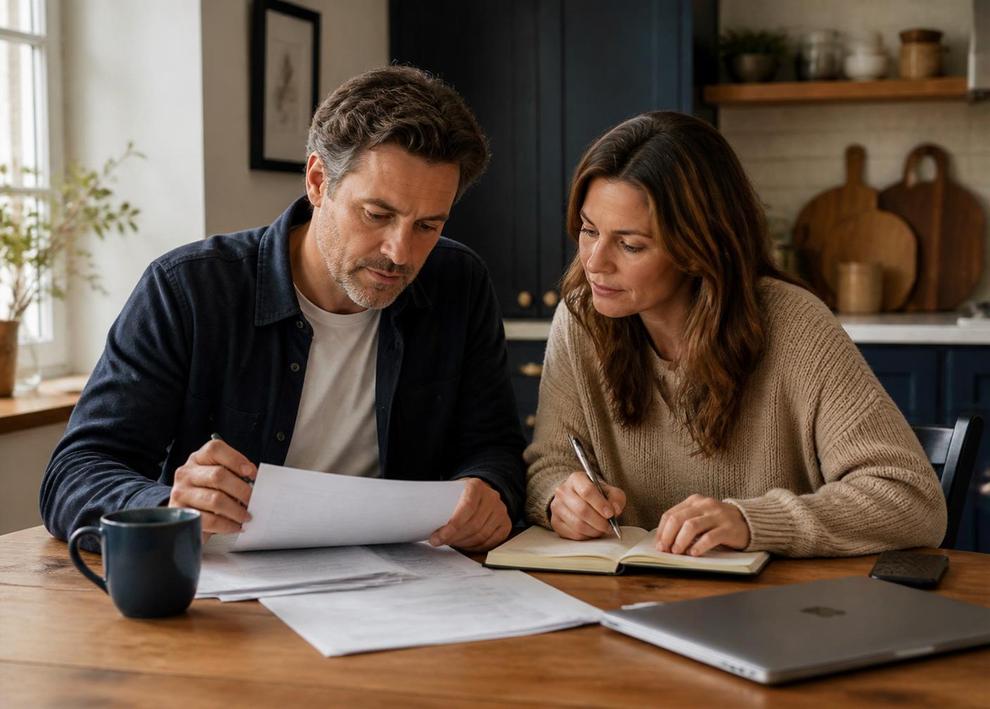 A couple reviewing household documents at their kitchen table